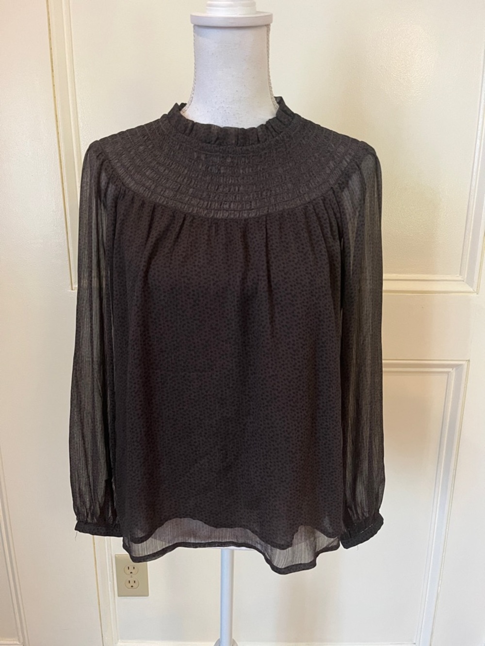 LOFT Black Smocked Yoke Sheer Long-Sleeve Blouse
